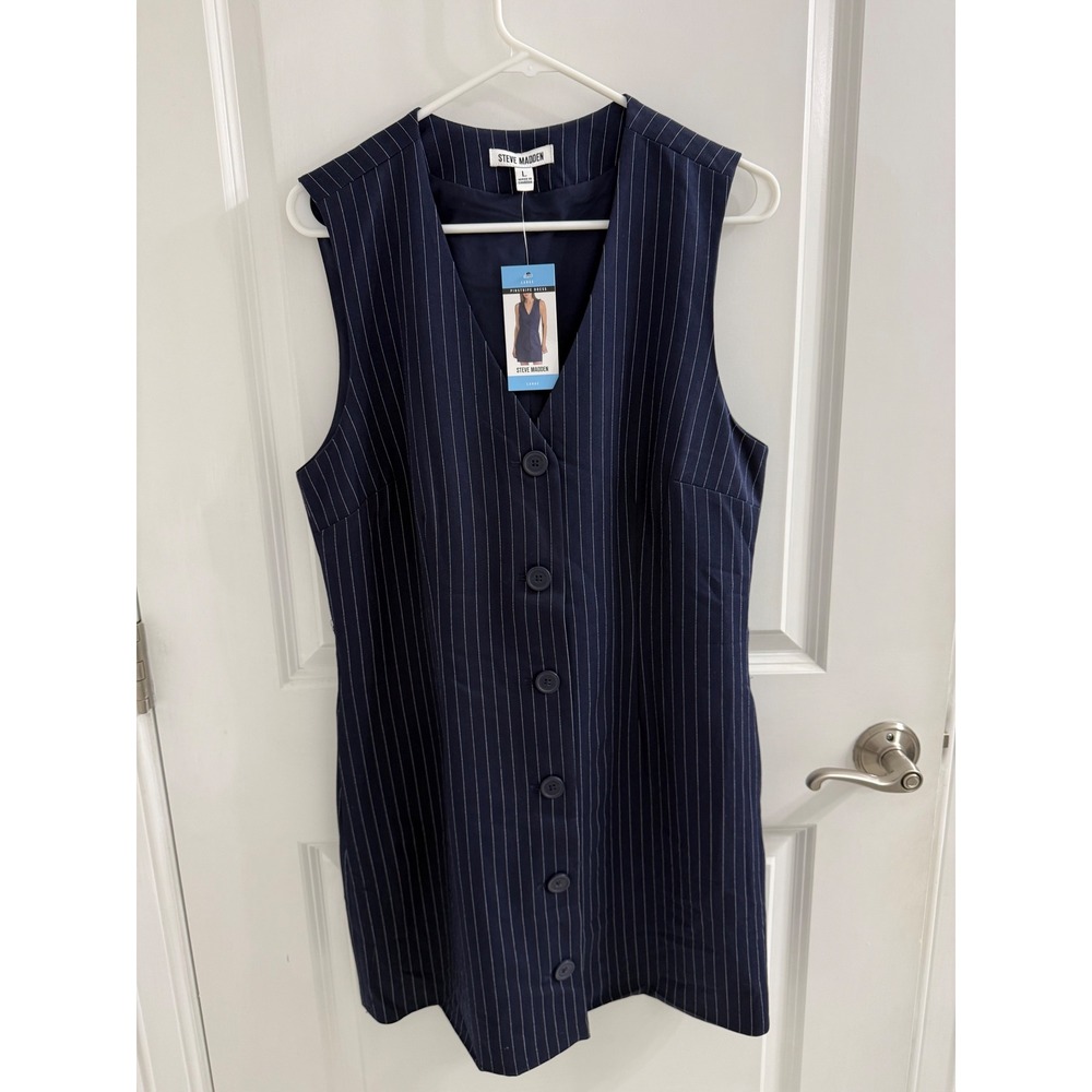 Steve Madden Navy Blue Pinstripe Button Front Sleeveless V-Neck Mini Dress Large